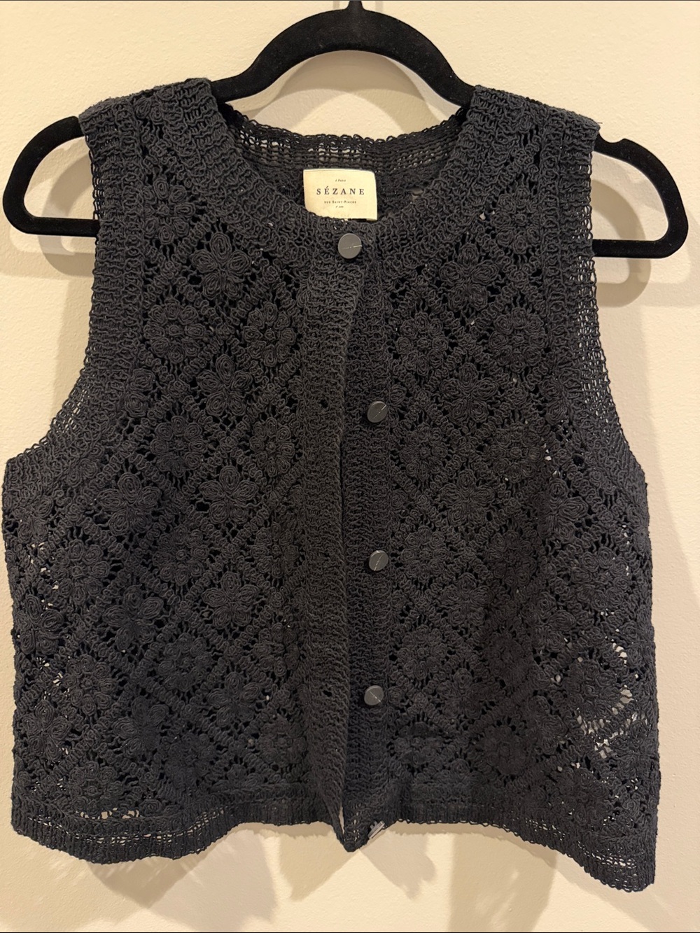 Sezane Ron Top Black Crochet Button-Front Sleeveless Vest